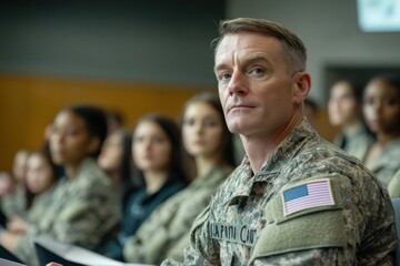 Veteran student in a college lecture, surrounded by classmates, deeply engaged in learning after years of military service