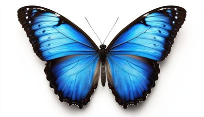 Obraz premium Beautiful blue butterfly, with intricate patterns, set on a pure white background for maximum effect