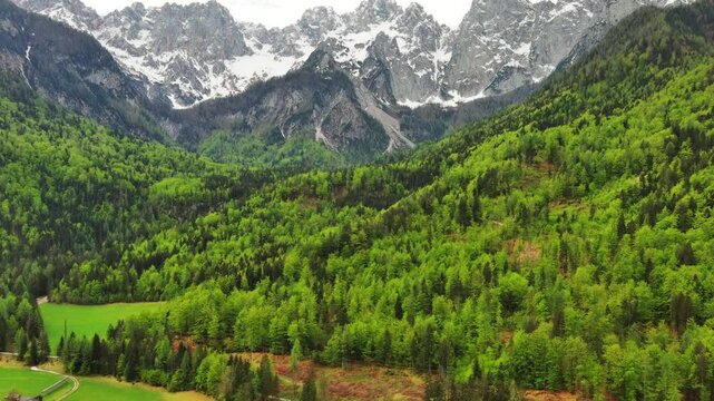 Aerial view of and breathtaking peaks of Triglav mountain. Julian Alps, Triglav National Park, Slovenia, 4k