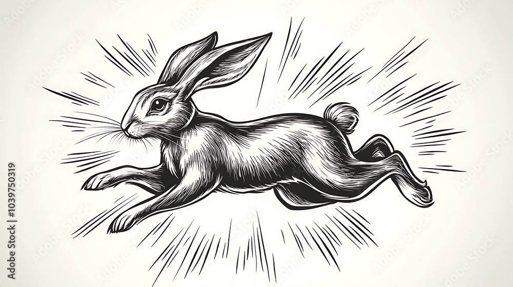 Wall mural minimalist sketch of a rabbit hopping, ears perked up, simple and clean lines on a white backdrop, c