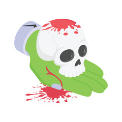 A bloody hand holding a small skull dripping with blood