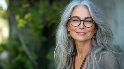 A woman with long gray hair and glasses is smiling