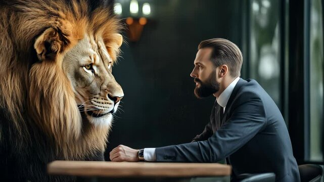A man is sitting at a table makes a deal with a lion in front of him. brave to make difficult deal with the big boss