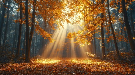 Obraz premium Golden Autumn Sunlight Streaming Through Forest Canopy