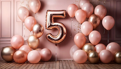 Stylish Girl 5th Birthday Party background, Modern Bunch of bright balloons on light pink background, Fifth Birthday decorations with soft pink, mint and gold balloons. Banner design, space for text