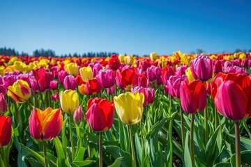 Field of colorful tulips is blooming under a bright blue sky