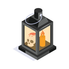 A Halloween lantern with a glowing candle and tiny skull inside