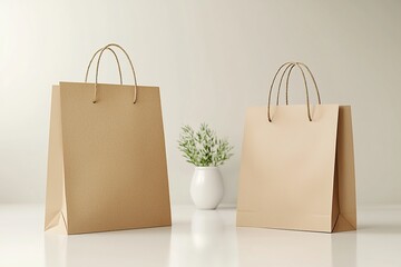 Paper bags mockup. Shopping package mock up on light ackground. Blank space to add text or logo. Generative Ai