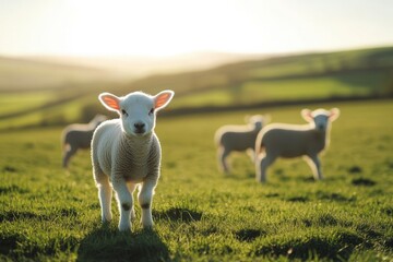 Obraz premium Lamb is standing in green grass with other lambs in the background