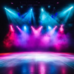 
Vibrant Theater Stage with Spotlight Illumination and Colorful Backdrop, Empty Performance Space, Dramatic Night Scene for Entertainment Shows, Generative Ai