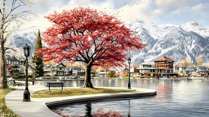 Obraz premium Red Maple Tree by the Lake with Snowy Mountains in Background