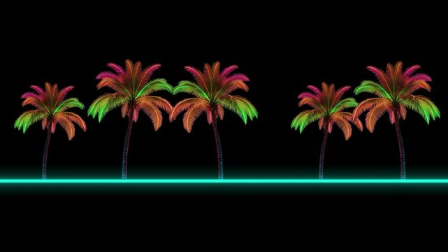 Palms Trees Animation On Black Background. Palms Trees Standing On Neon Glowing Line. Moving Palms Trees Retro Style Animation. Tropical Palms Trees Moving Animation. 