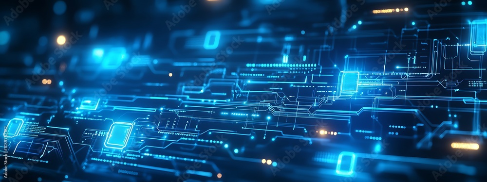 Poster Abstract blue digital technology background with glowing lines and circuit boards.