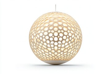 A minimalist designer lamp hangs gracefully in the center, featuring an intricate pattern of holes that allow light to filter through, creating a warm and inviting atmosphere in the space.