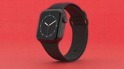 A sleek black smartwatch with a modern design prominently displayed on a vibrant red background for stylish tech enthusiasts