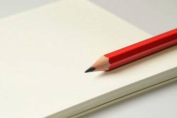 The image shows a neatly arranged workspace with a red pencil placed beside a blank, open notebook. This setup is ideal for designers seeking inspiration or sketching ideas.