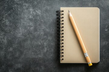 A clean and minimalist workspace features a spiral-bound notebook alongside a sharpened pencil, set against a dark, textured background, creating an inspiring atmosphere for creativity.