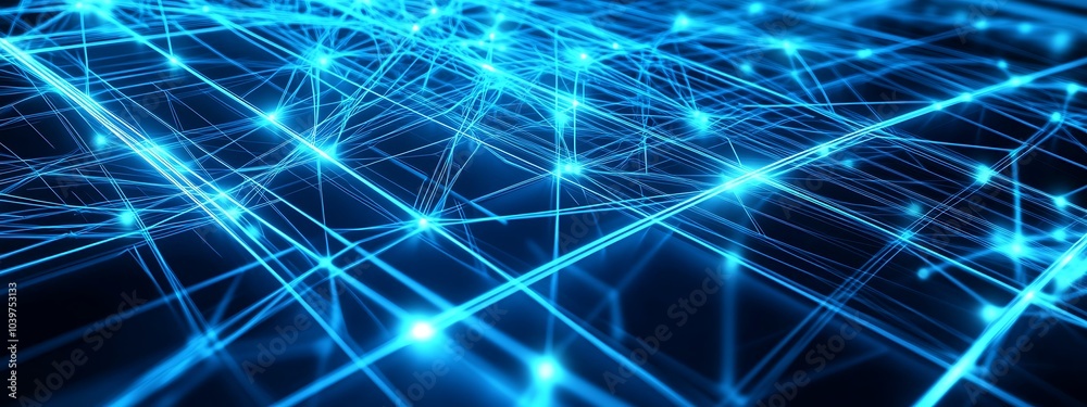 Poster abstract blue glowing network lines with connecting nodes.