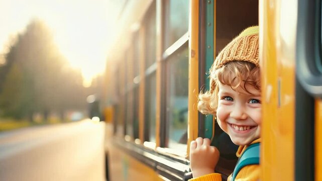 A child is sitting in a yellow school bus looking out the window. The sun is shining brightly, casting a warm glow on the scene. The child appears to be enjoying the view outside, taking in the sights