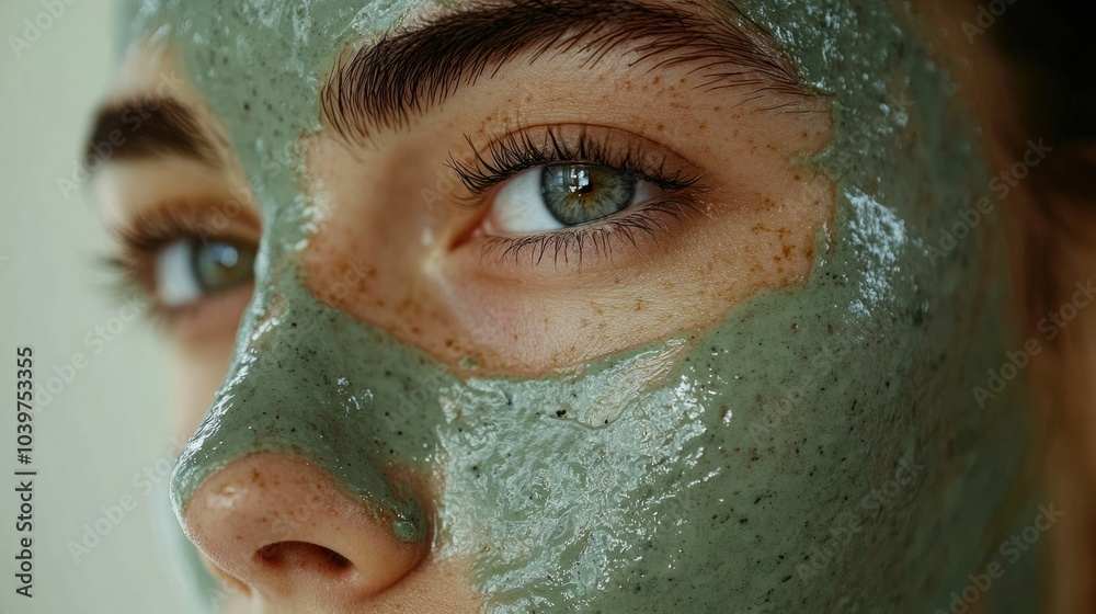 Wall mural Closeup of a model s face covered in a green clay mask with a soft beige background  The image focuses on skincare rejuvenation and the calming purifying and revitalizing effects of the natural