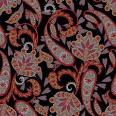 Turkish Cucumber Paisley seamless vector pattern in traditional Oriental style. Decorated with flowers, leaves, and fantasy elements, for fabric, textile and wallpaper covers