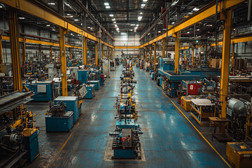 Manufacturing floor with machinery and equipment in a large factory