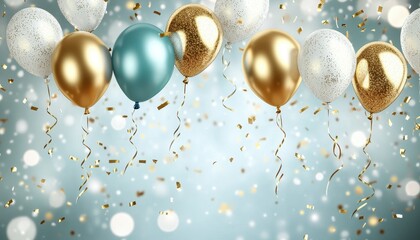 Realistic Festive background with golden and blue balloons falling confetti blurry background and a bokeh lights