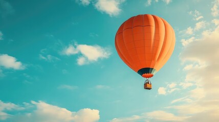 Fototapeta premium Bright orange hot air balloon floating against blue sky with scattered clouds