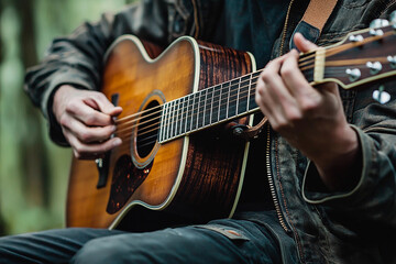 Obraz premium Person playing acoustic guitar in a forest setting during daylight