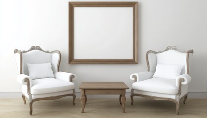 Two armchairs in room with white wall and big frame poster on it. Scandinavian style interior design of modern living room