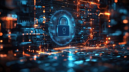 Obraz premium Abstract background with a blue padlock and binary code on a digital screen, representing the concept of cyber security. be used for web design or a social media banner. 