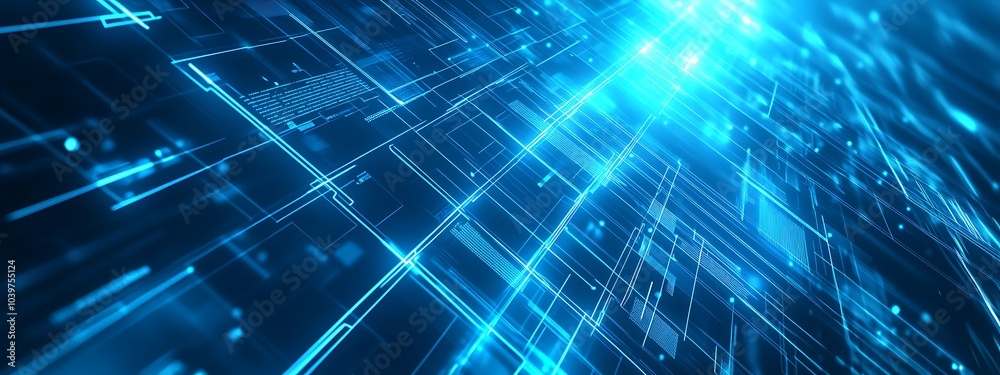 Poster Abstract digital background with blue glowing lines and squares.