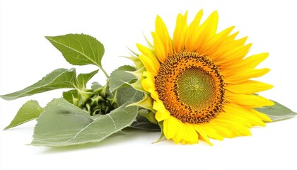 Obraz premium A beautiful sunflower with a dark center and golden-yellow petals, isolated on a pure white background, exuding positivity