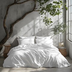 a basic thin white twin sized duvet cover, two pillows, the is white and a mockup style bedroom, photo real image, grey details