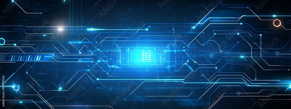 Poster Abstract digital background with glowing blue lines and a central glowing square on a dark background.