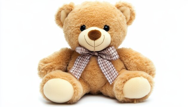 A soft and huggable teddy bear, with a gentle smile, isolated on a white background, exuding a sense of warmth and affection