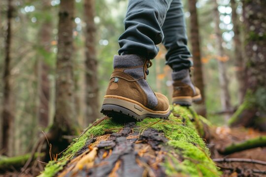 Young man walking on a mossy log in the forest, Traveler or hiker man balancing while standing on a tree trunk in nature. Men enjoy outdoor activities in the summertime. close-up of shoes. back view.M