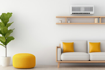 Chic living room design featuring a contemporary sofa, elegant shelf unit, cozy pouf, and modern air conditioning unit