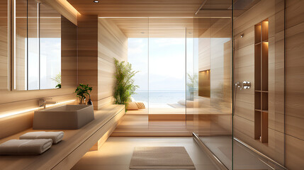 Fototapeta premium A modern bathroom with wood paneling, an ocean view, and a glass-enclosed shower.