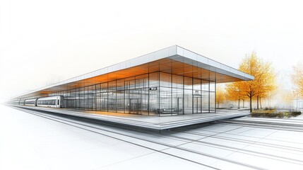 Modern train station design with glass and minimalist architecture.