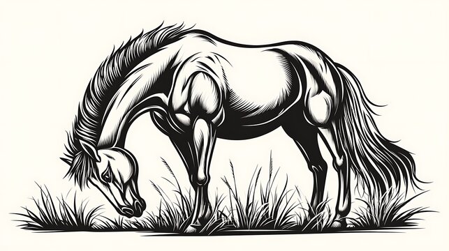 recommend clip art: Simple outline of a grazing horse, head bowed down, minimalist line art on a white background, fine lines emphasizing the calm and natural posture, hd quality, clean composition, natural feel.