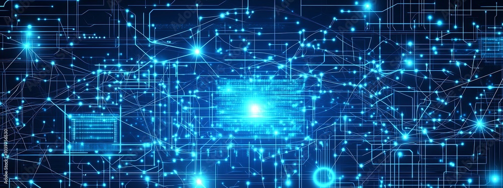 Poster abstract digital background with glowing lines and dots.