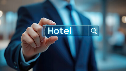 Respectable Businessman in a Suit Presents Hotel Booking Options
