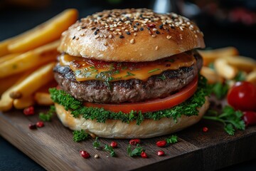 Delicious burger with french fries is waiting on a wooden board