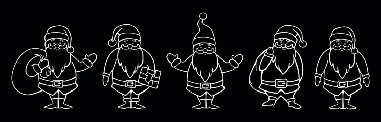 santa claus sketch with chalk on black background. set of santa claus on a black background, holding a bag of gifts, waving, standing vector sketch