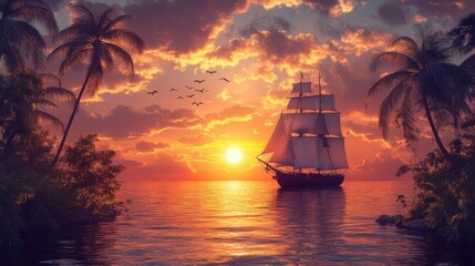 Fototapeta premium A serene sunset over a calm sea with a sailing ship and palm trees.