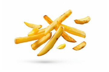 Isolated French fries falling on white background with clipping path