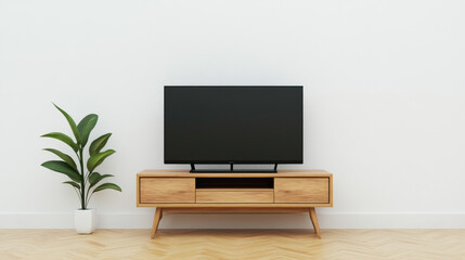 Minimalist living room with a wooden TV stand, sleek television, and spacious white walls creating a serene, uncluttered atmosphere.