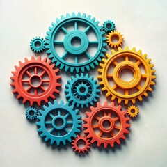 3D illustration of colored gear parts assembled together to form a mechanism