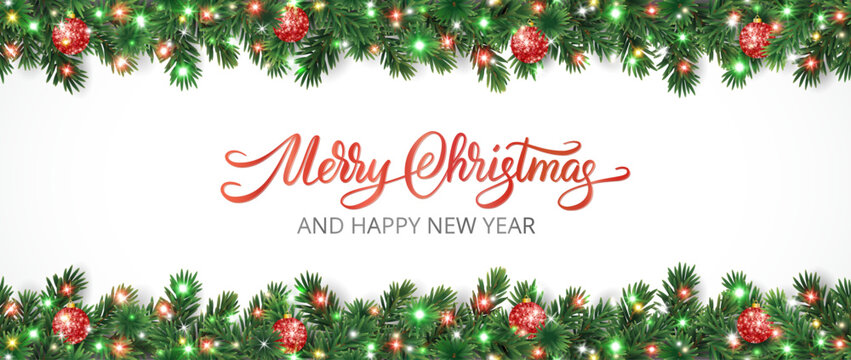 Christmas holiday background. Christmas tree frame. Red ornaments and colorful Christmas lights. Glitter decoration. Merry Christmas calligraphy. For winter holiday headers, banners, party posters.